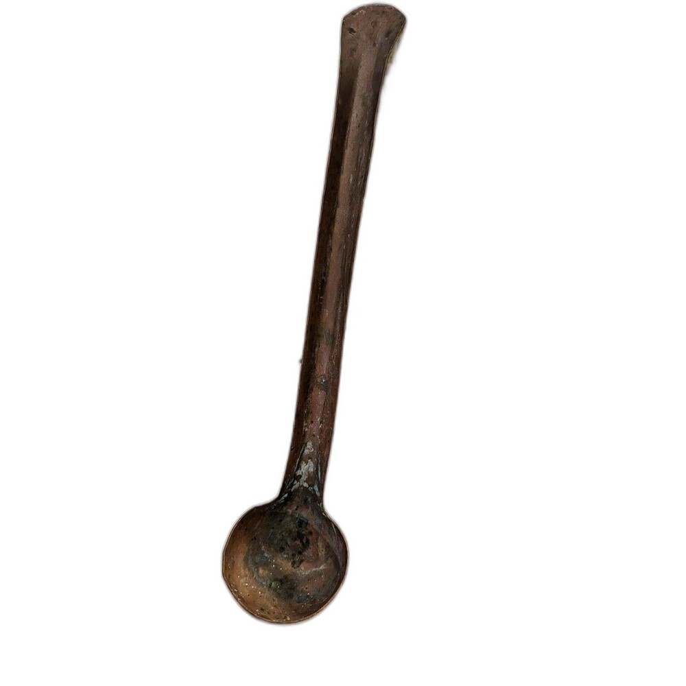 Antique Large Solid Hammered Copper Ladle With Patina